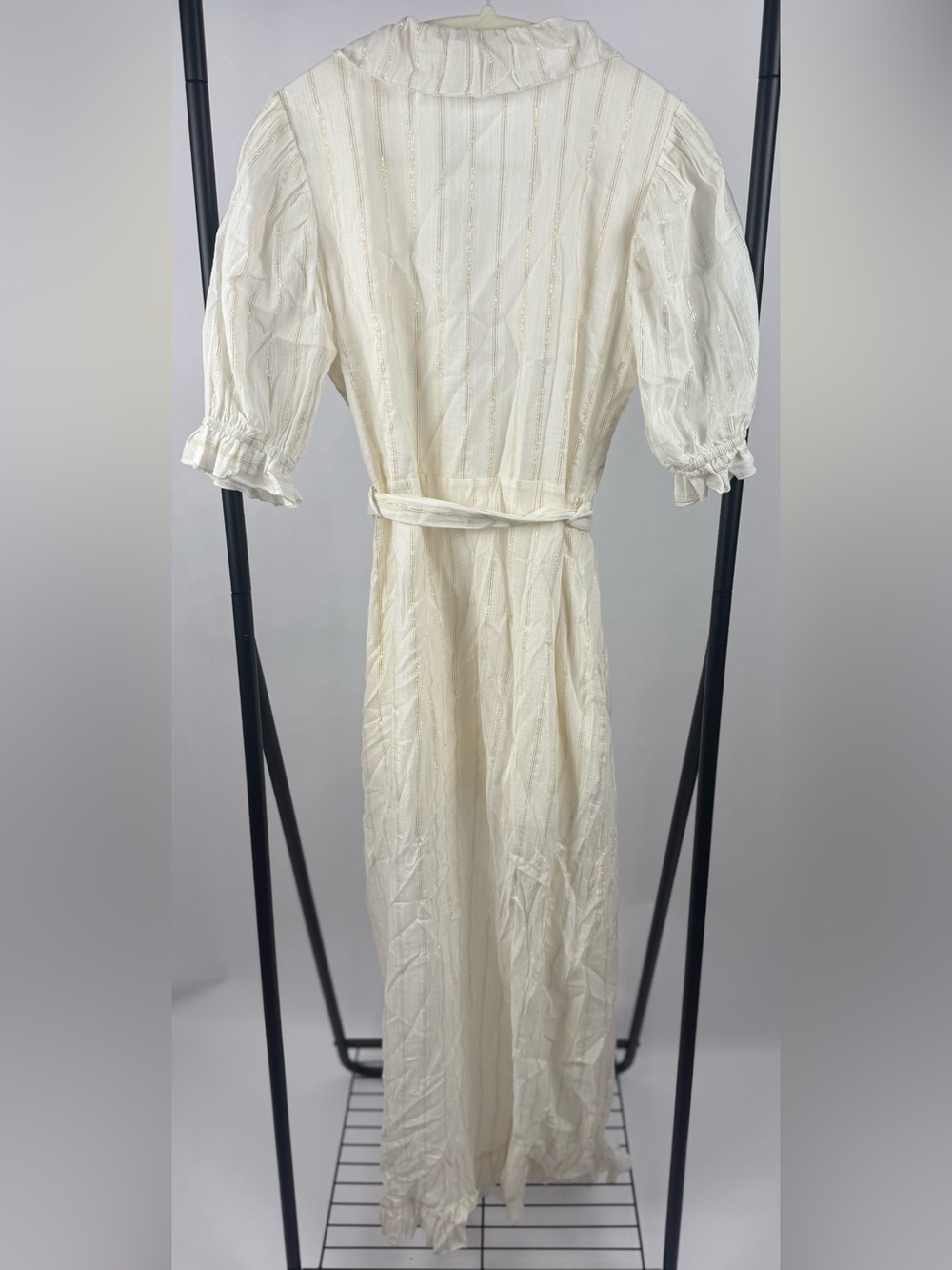 Kate Leigh Railroad Wrap Maxi Dress Cream Gold Stripe Ruffle Cotton USA S - Picture 3 of 5